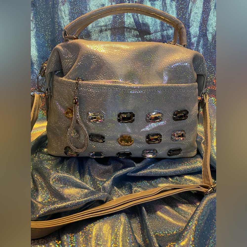 New, Aurora Borealis Faux Leather Jewel Accented Crossbody Bag